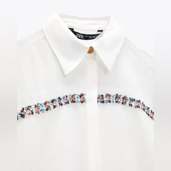 Zara Combination Textured Tweed Trim Chiffon Button Down Shirt in White size S - Picture 5 of 16